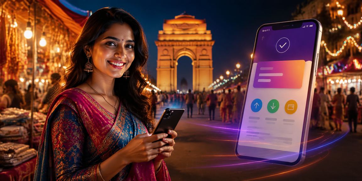 Mobile player enjoying Aviator game in Delhi night market